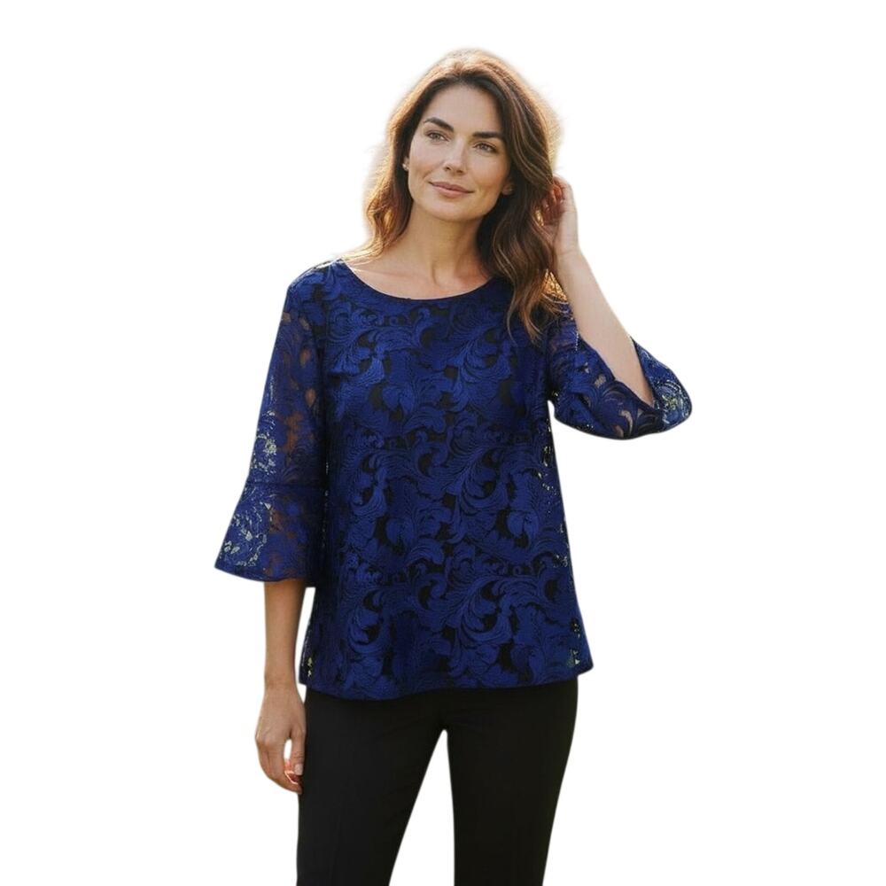 CAROLINE ROSE $398 Bella Soiree Elegant Lace Shift Embroidered Blouse M